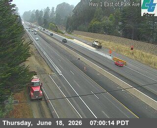 Emergency vehicles and cones on Hwy 1 East of Park Ave, indicating a responder incident.