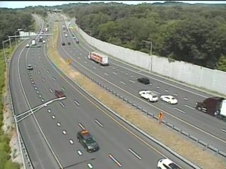 Police car and other vehicles stopped on the shoulder of the highway.