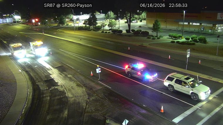 Police car with red and blue lights on in the right lane