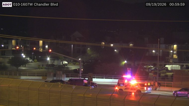 Police car with red and blue lights on the roadway