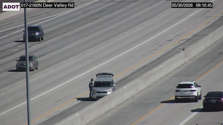 Silver SUV with open trunk and person standing next to it on the right shoulder
