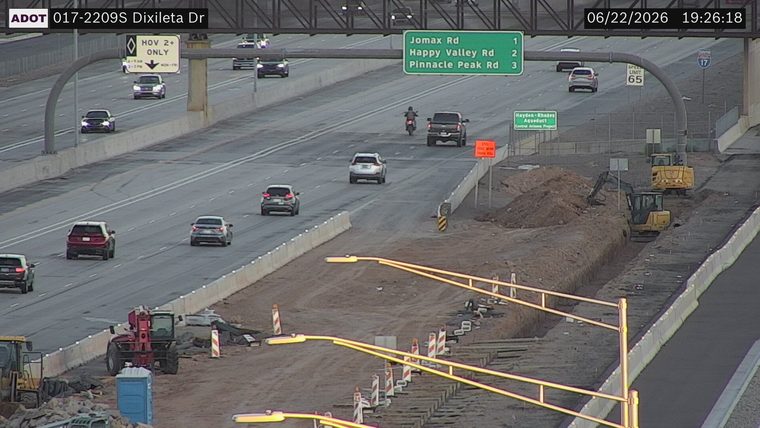 Construction equipment and ongoing work in the right lanes