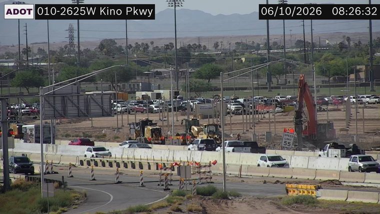 Construction equipment and barriers in the roadway