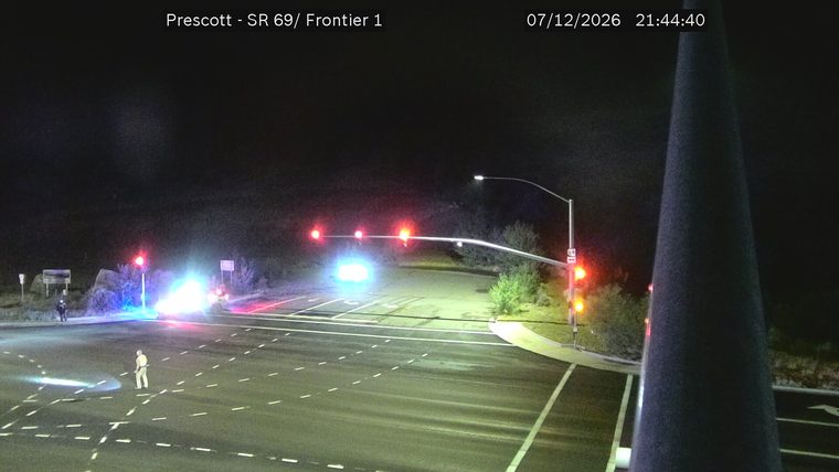 Police car with red and blue lights on the roadway