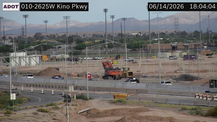 Construction equipment and barriers in the roadway