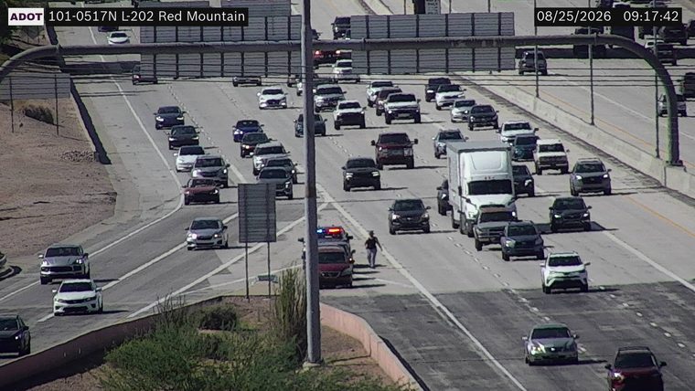 Police car with lights on in the right lane with a person standing nearby