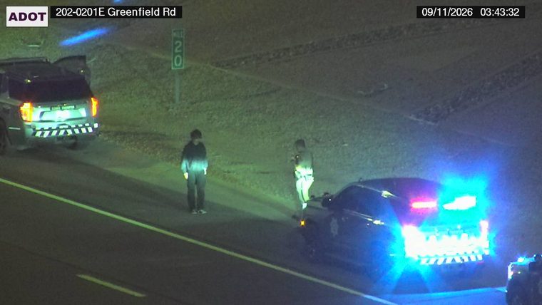 Police car with red and blue lights on the shoulder