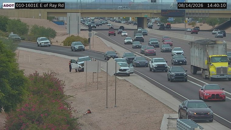 White SUV with open driver's door and a person standing outside on the right shoulder