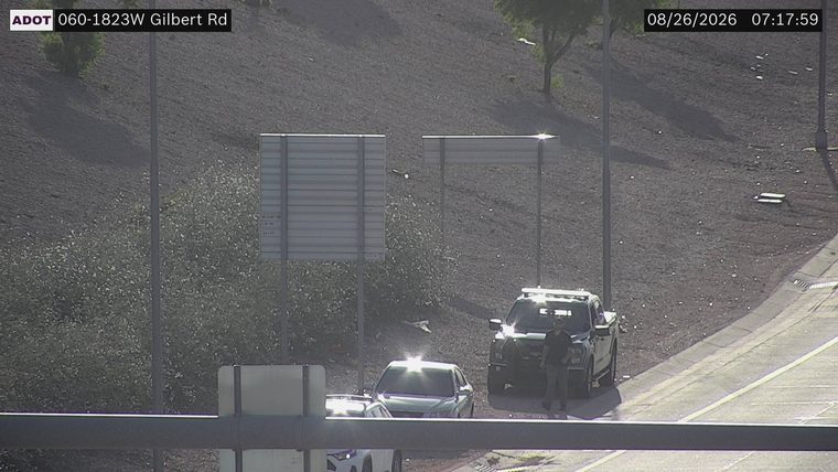 Police vehicle with a person standing next to it on the shoulder
