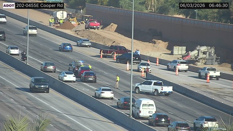 Construction activity with workers and equipment in the right lanes