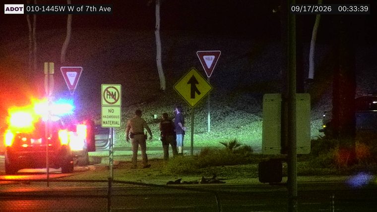 Police car with red and blue lights on, and two officers interacting with a civilian