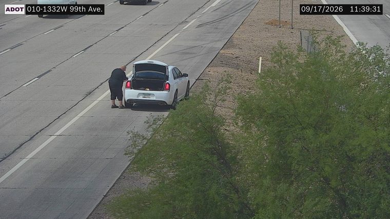 Person standing by the open trunk of a white car on the right shoulder