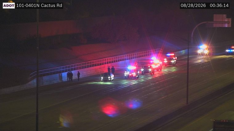 Multiple police cars with red and blue lights on the right shoulder