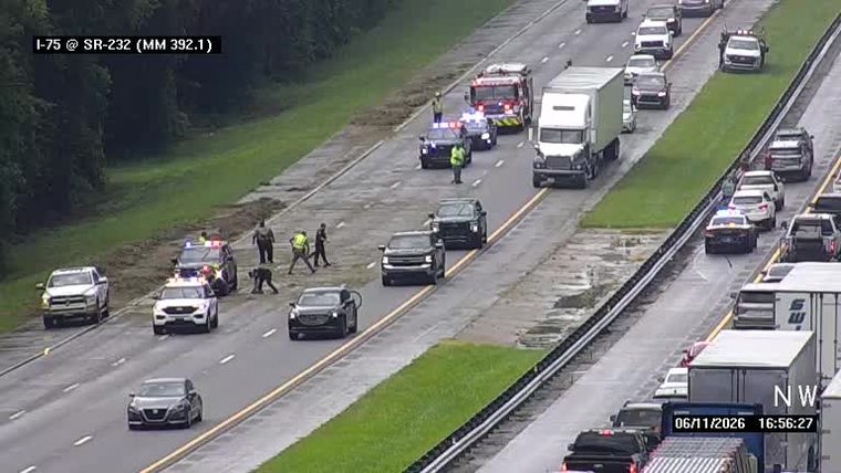 Multiple police cars and a fire truck are on the scene of an incident on the highway.