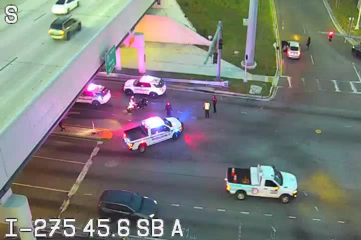 Multiple police vehicles and officers present in the roadway