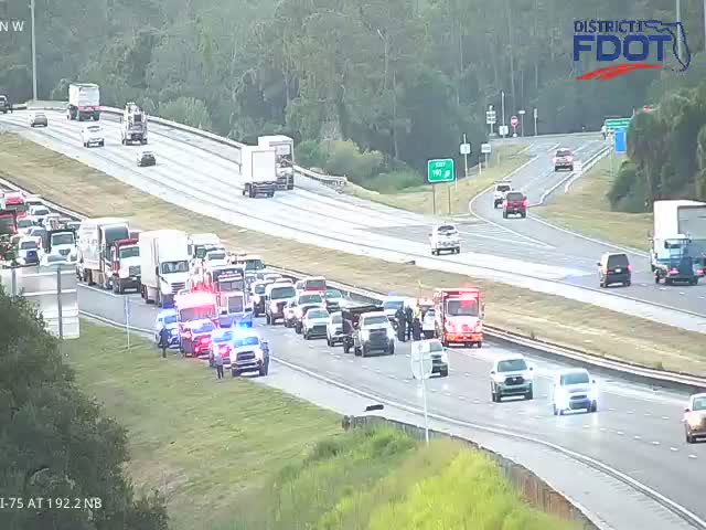 Multiple police cars and a fire truck with lights on in the left lanes