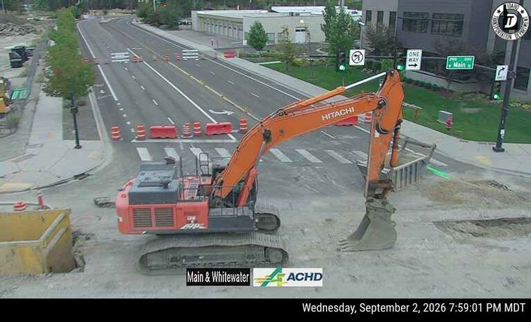 Construction equipment and barriers in the roadway