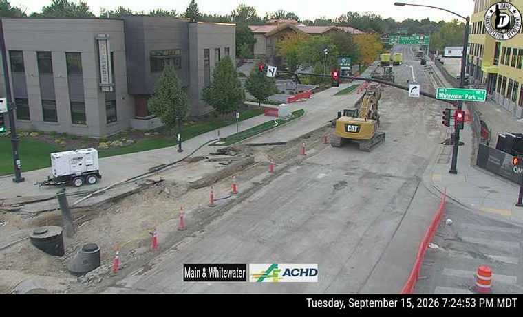 Excavator and construction cones in the roadway