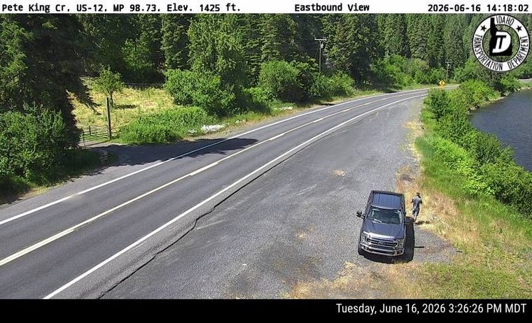 A person is standing next to a parked truck on the shoulder of the road.