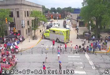 Fire truck with emergency lights on in the intersection