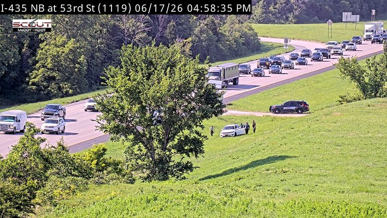 Police officers are attending to a vehicle pulled over on the grassy shoulder.