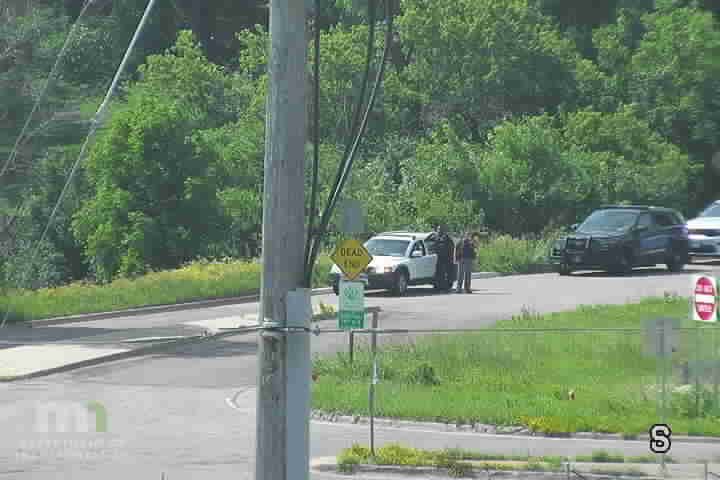 Police officers and vehicles are present at a roadside incident.