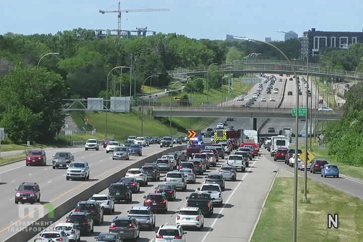 Traffic jam caused by emergency responders on the highway.