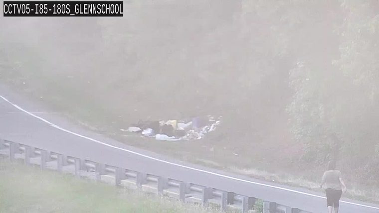 Debris scattered on the roadside next to the travel lanes.