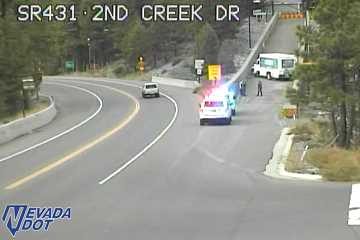 Police car with red and blue lights on the right shoulder