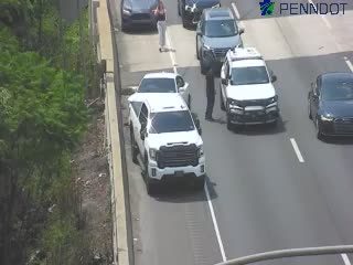Police officer and civilian near stopped vehicles on the highway.