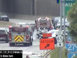Fire truck with flashing lights on the roadway
