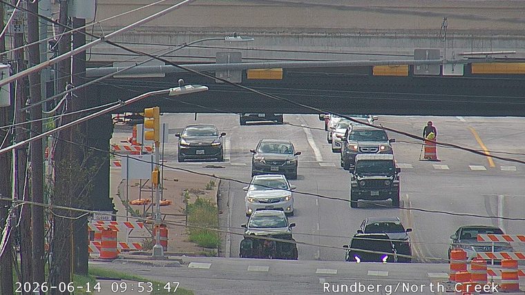 Person in reflective vest with cones directing traffic on the roadway.