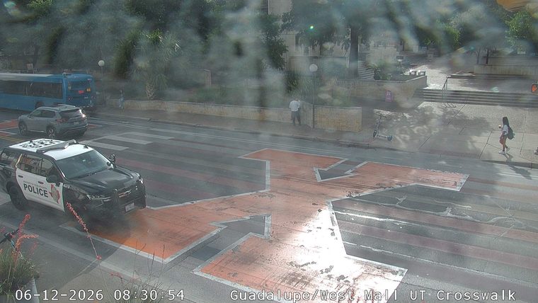 Police car is present at a crosswalk, indicating a potential incident response.