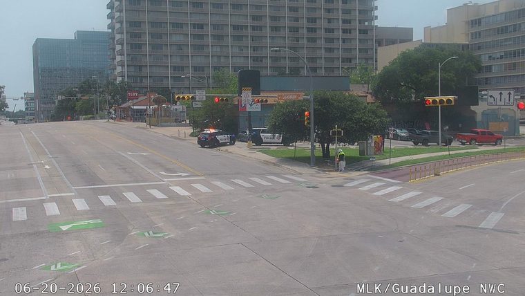 Two police cars and a person in a high-visibility vest on the side of the road