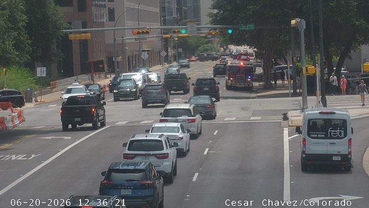 Fire truck with red and blue lights on the roadway