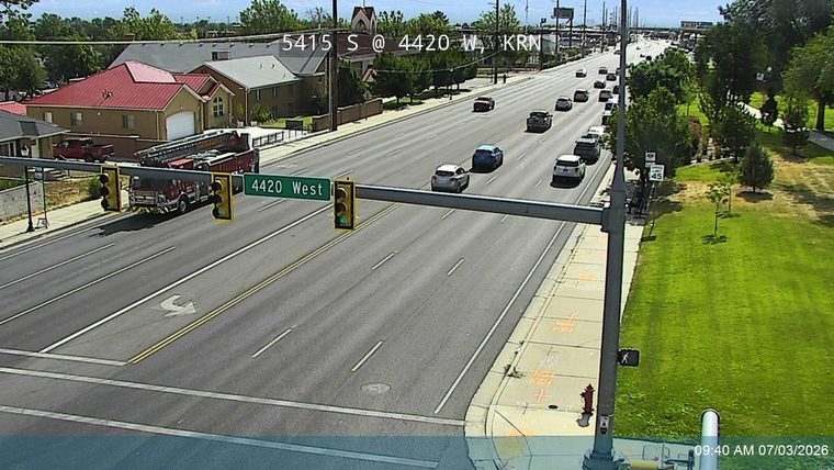 Fire truck on the left side of the roadway
