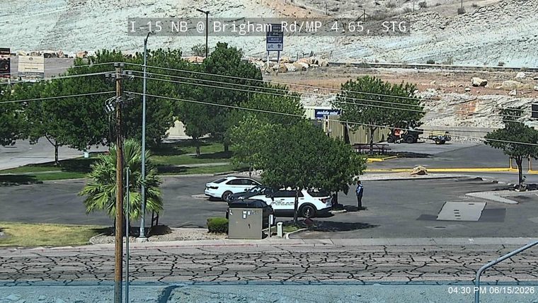 Police car and officer present in parking lot near roadway.