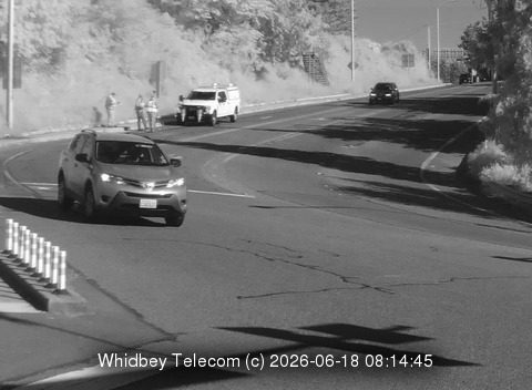 Two people and a white van are stopped on the side of the road.