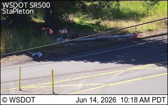 Responder on scene with equipment and caution signs near a downed pole.