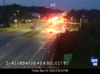 Emergency responders on scene with flashing lights and cones on I-41/894/US 45 at Beloit Rd.