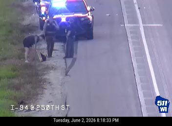 Police officers and civilians attend to something on the side of the road.