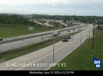 Emergency vehicles and personnel on the roadside at I-41/US 45 @ Good Hope Rd.