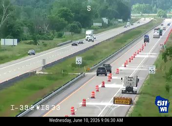Emergency vehicle and cones blocking lane on I-390 WIS 33.